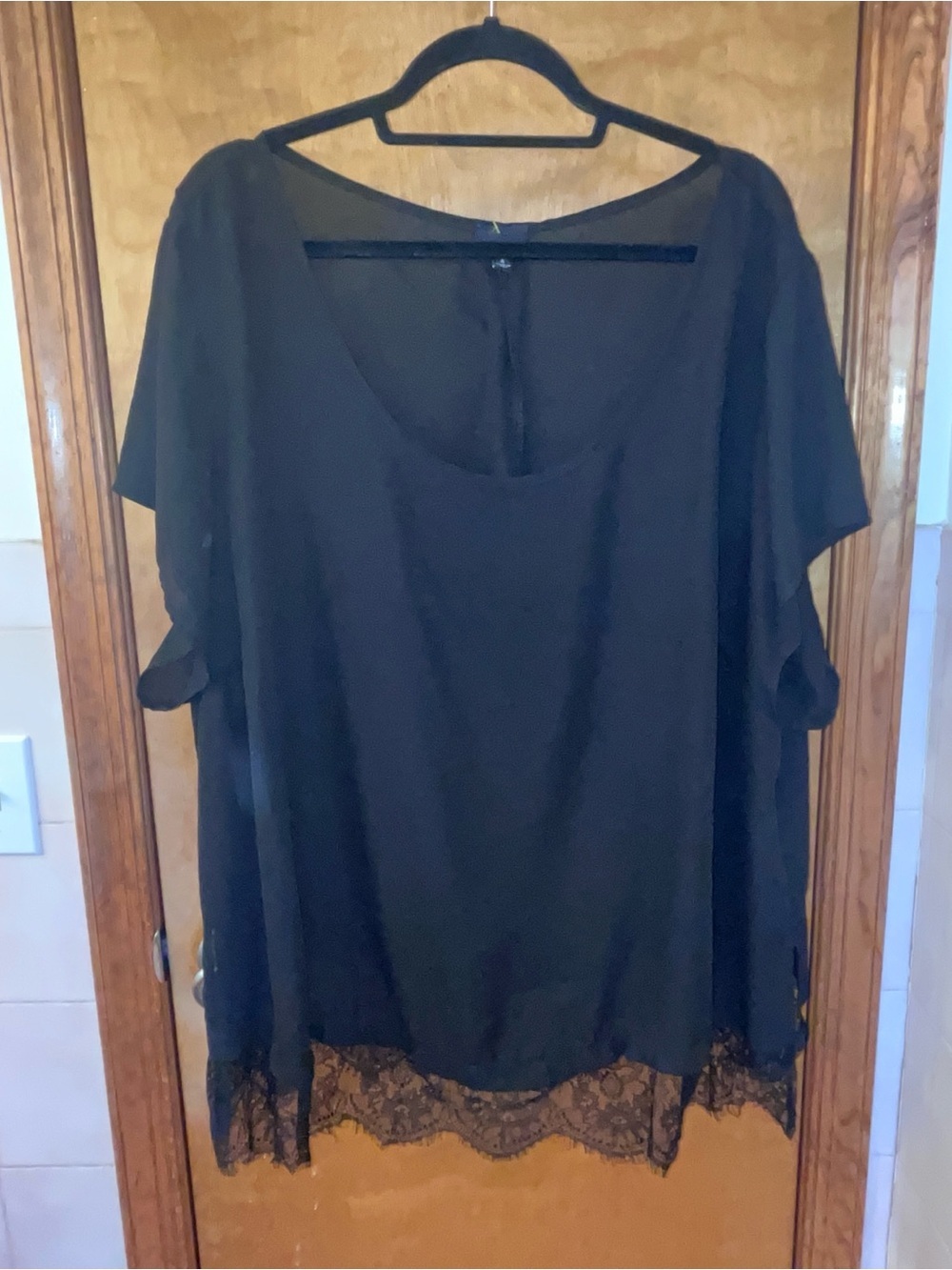 torrid Black Short Sleeve Blouse with Brown Lace Hem